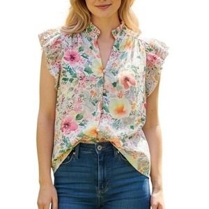 LOVELO Floral Eyelet Embroidered Flutter Sleeve Button Front Blouse Size Large